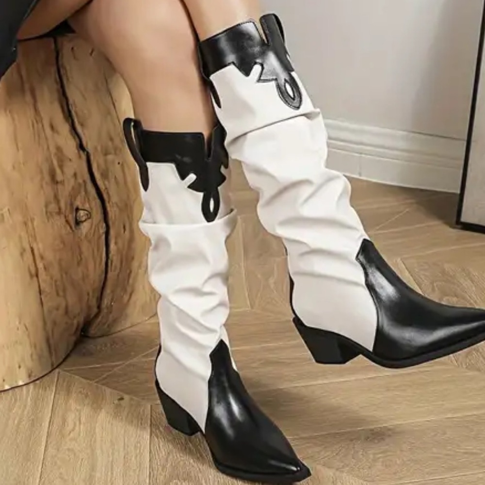 🛑AT COST SLOUCHY canvas vegan leather Western Black cream cowboy Boots CLEARANCE - Picture 3 of 6